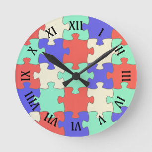 Fun Roman Numerals, Colorful Jigsaw Puzzle Pieces Round Clock