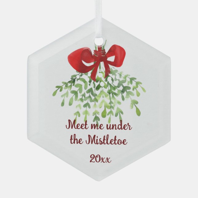 Fun Romantic Meet Under Mistletoe Quote Christmas  Glass Ornament (Front)