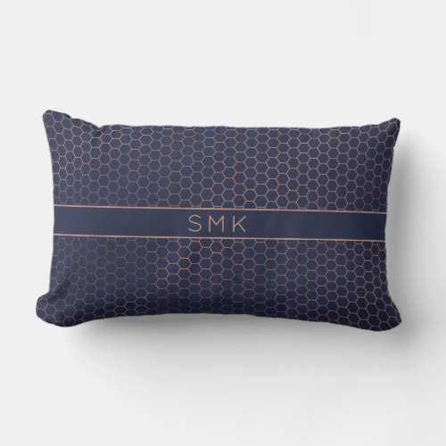 Fun Rose Gold Foil Navy Blue Hexagon Monogram Lumbar Pillow