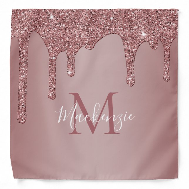 Fun Rose Gold Sparkle Glitter Drips Monogram Bandana (Front)