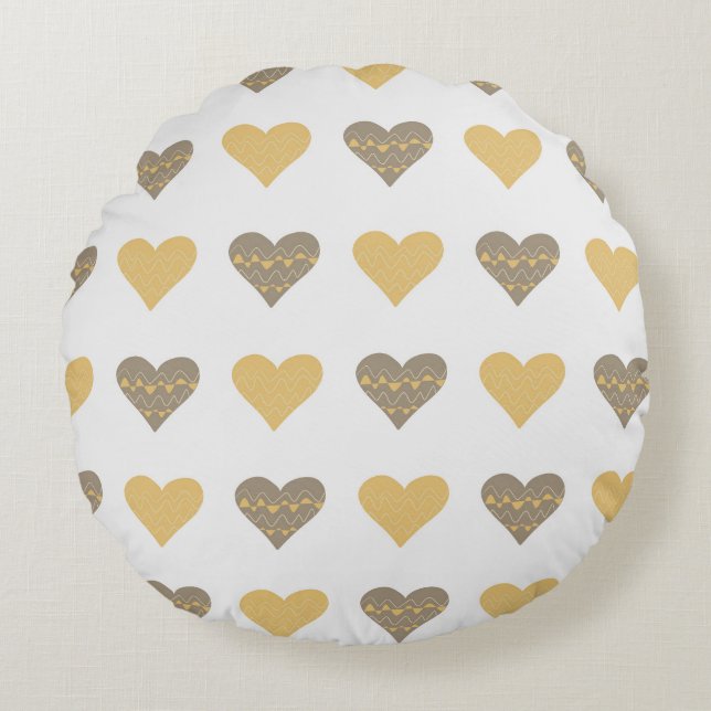 Fun Round Pillow With Boho Hearts  (Front)