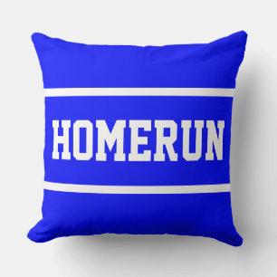 Fun Royal Blue HOMERUN Sporty Text White Stripes Throw Pillow