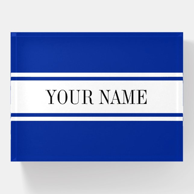 Fun Royal Navy Blue White Racing Stripes Your Text Paperweight (Front)