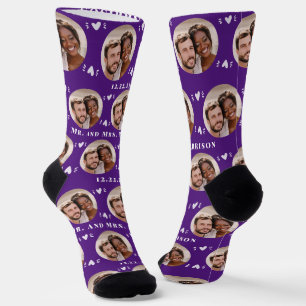 Fun Royal Purple Newlyweds Photo Pattern Socks