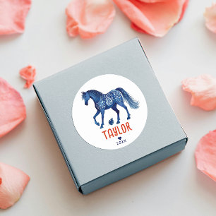 Fun Rustic Blue Red Horse Pony Western Watercolor Classic Round Sticker