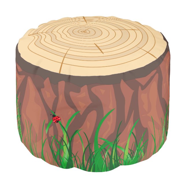 Fun rustic forest tree trunk stump and ladybugs, pouf (Angled Front)