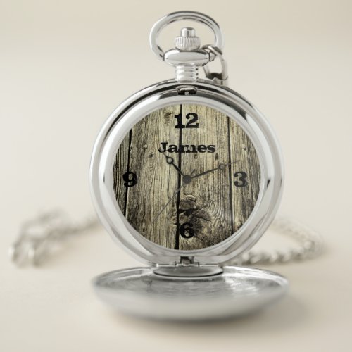 Fun Rustic Weathered Wood Add Your Name Pocket Watch