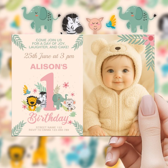 Fun Safari Adventure for First Birthday with Photo Invitation (Creator Uploaded)