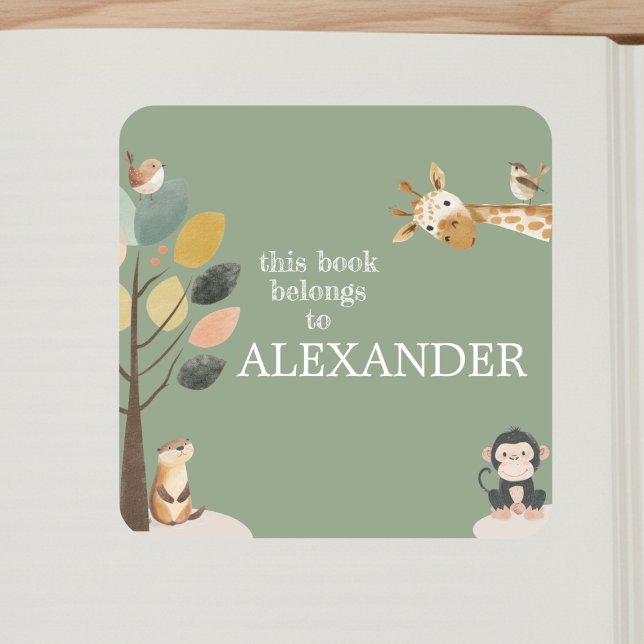 Fun Safari Animals Custom Bookplate Sticker (cute giraffe safari animals custom bookplate sticker for kids book library)