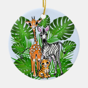 Fun Safari friends giraffe zebra tiger palm leaves Ceramic Ornament
