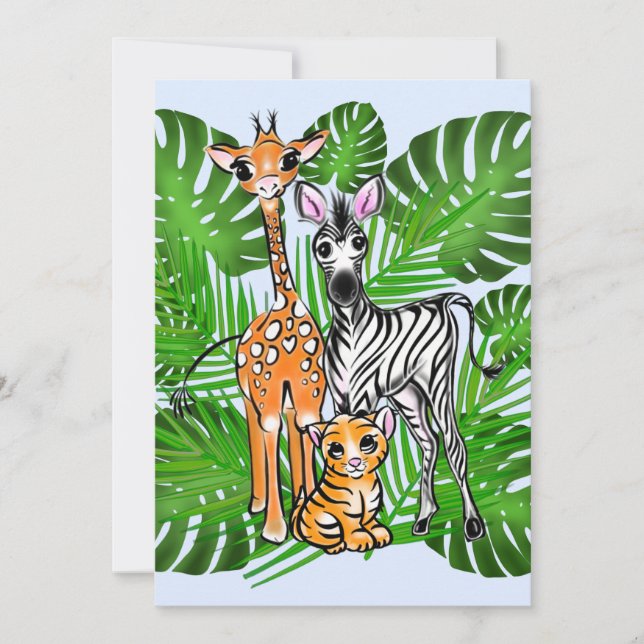Fun Safari friends giraffe zebra tiger palm leaves Invitation (Front)