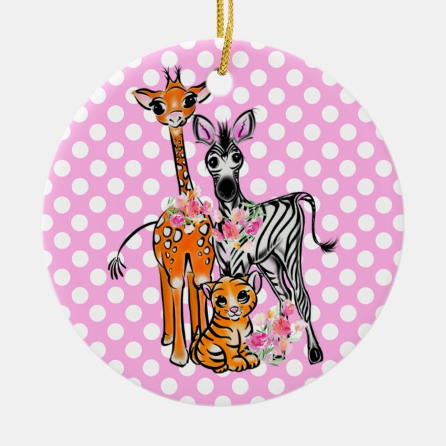 Fun Safari friends giraffe zebra tiger pink polka Ceramic Ornament (Front)