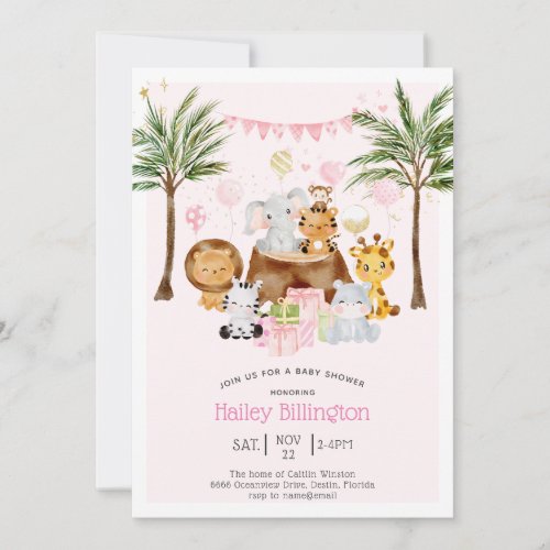 Fun Safari Jungle Watercolor Girly Baby Shower Invitation
