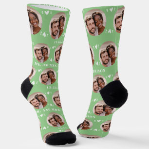 Fun Sage Green Newlyweds Photo Pattern Wedding Socks