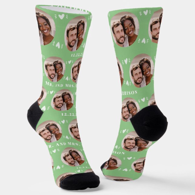 Fun Sage Green Newlyweds Photo Pattern Wedding Socks (Angled)