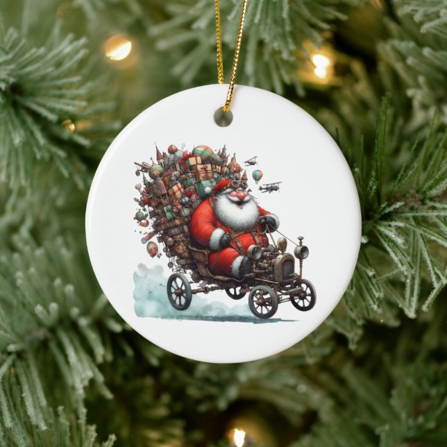 Fun Santa Claus in an Old Go Kart Customized Ceramic Ornament (Tree)