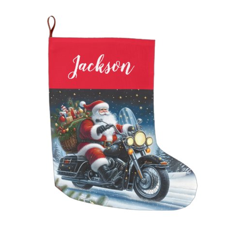 Fun Santa Claus Riding a Motorcycle Large Christmas Stocking