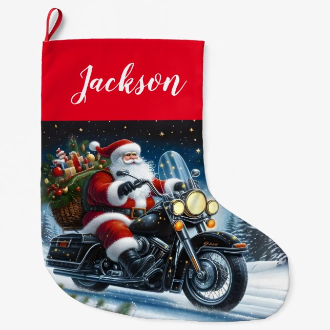 Fun Santa Claus Riding a Motorcycle Large Christmas Stocking (Front)