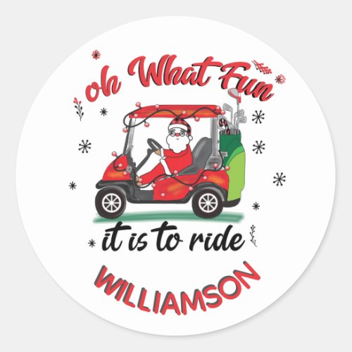 Fun Santa Golf Cart Family Name Classic Round Sticker