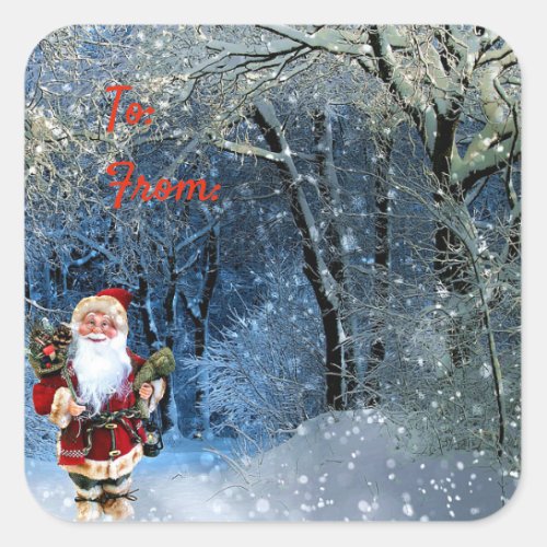 Fun Santa In Snowy Woods To From gift tag stickers