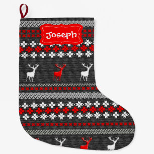 Fun Scandinavian Deer Festive Pattern Large Christmas Stocking