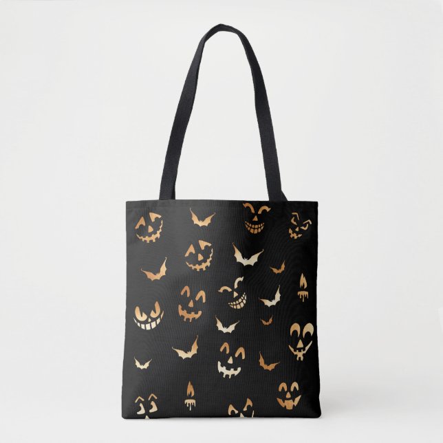 Fun Scary Jack O Lantern Pumpkin Halloween Faces Tote Bag (Front)