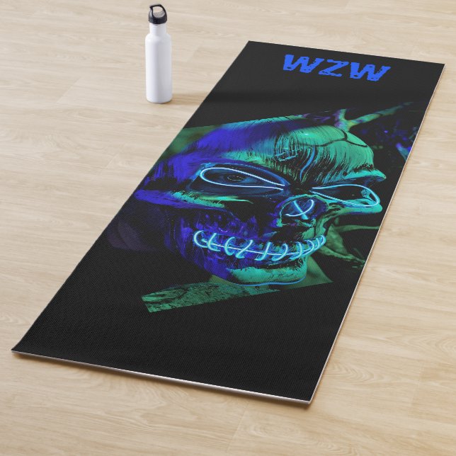 Fun Scary Neon Blue Teal Skull Monogram Yoga Mat (In Situ)