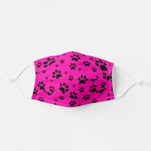 Fun Scattered Black Paw Prints Bright Hot Pink Adult Cloth Face Mask