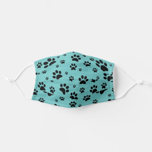 Fun Scattered Black Paw Prints on Teal Adult Cloth Face Mask
