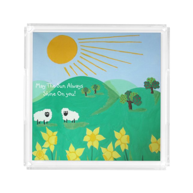 fun scenic illustration of cute sheep acrylic tray (Front)