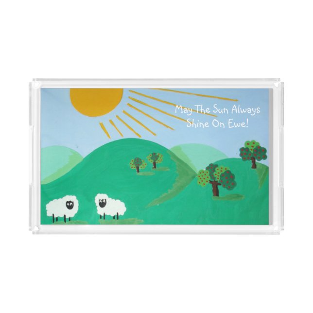 fun scenic illustration of cute sheep acrylic tray (Front)