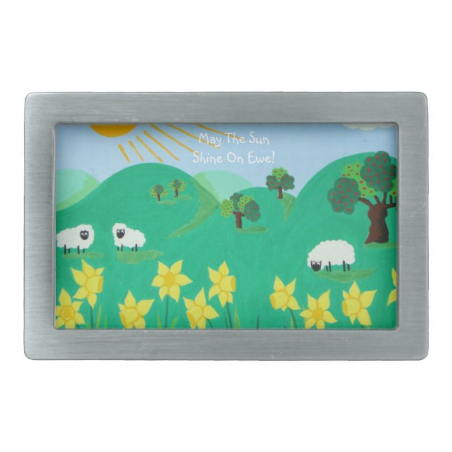 fun scenic illustration of cute sheep belt buckle (Front)