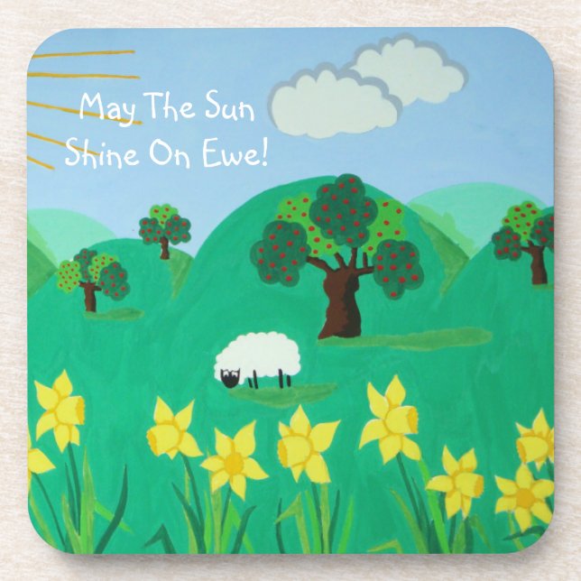 fun scenic illustration of cute sheep beverage coaster (Front)