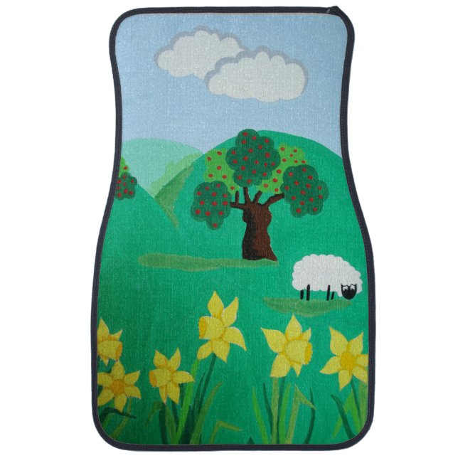 fun scenic illustration of cute sheep car floor mat (Front)