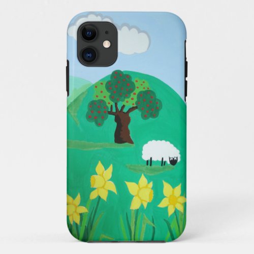 fun scenic illustration of cute sheep iPhone 11 case