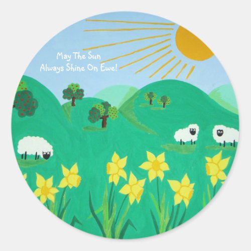 fun scenic illustration of cute sheep classic round sticker