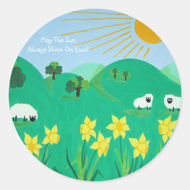 fun scenic illustration of cute sheep classic round sticker (Front)