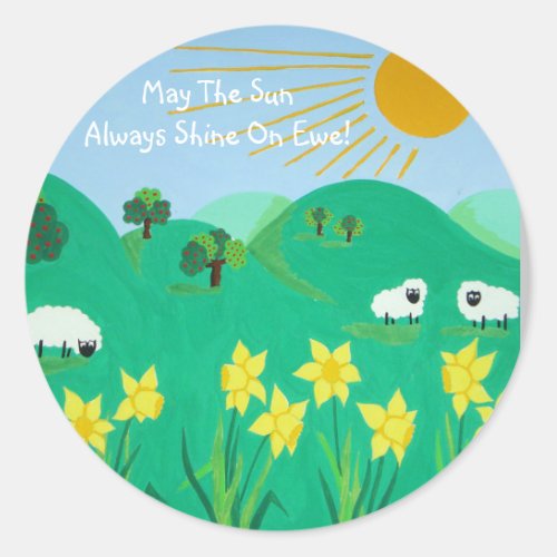 fun scenic illustration of cute sheep classic round sticker