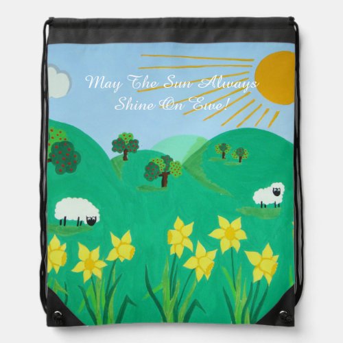 fun scenic illustration of cute sheep drawstring bag