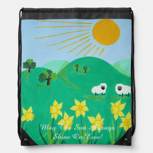fun scenic illustration of cute sheep drawstring bag (Front)