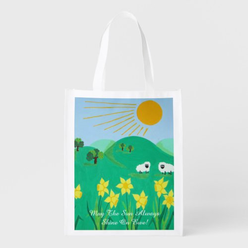fun scenic illustration of cute sheep grocery bag