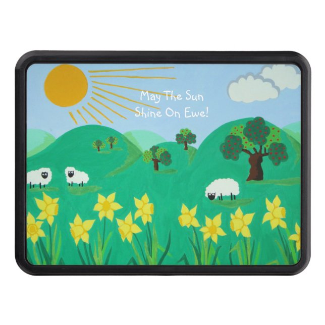 fun scenic illustration of cute sheep hitch cover (Front)
