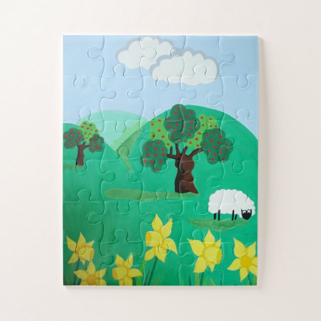 fun scenic illustration of cute sheep jigsaw puzzle (Vertical)