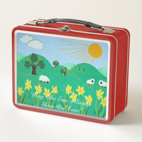 fun scenic illustration of cute sheep metal lunch box