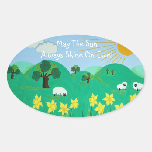 fun scenic illustration of cute sheep oval sticker