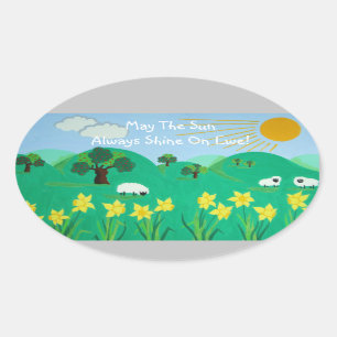 fun scenic illustration of cute sheep oval sticker