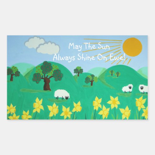 fun scenic illustration of cute sheep rectangular sticker