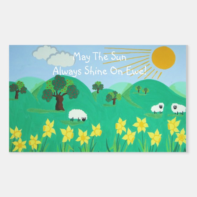 fun scenic illustration of cute sheep rectangular sticker (Front)