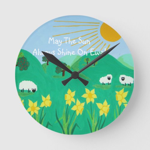 fun scenic illustration of cute sheep round clock