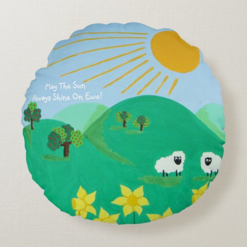 fun scenic illustration of cute sheep round pillow